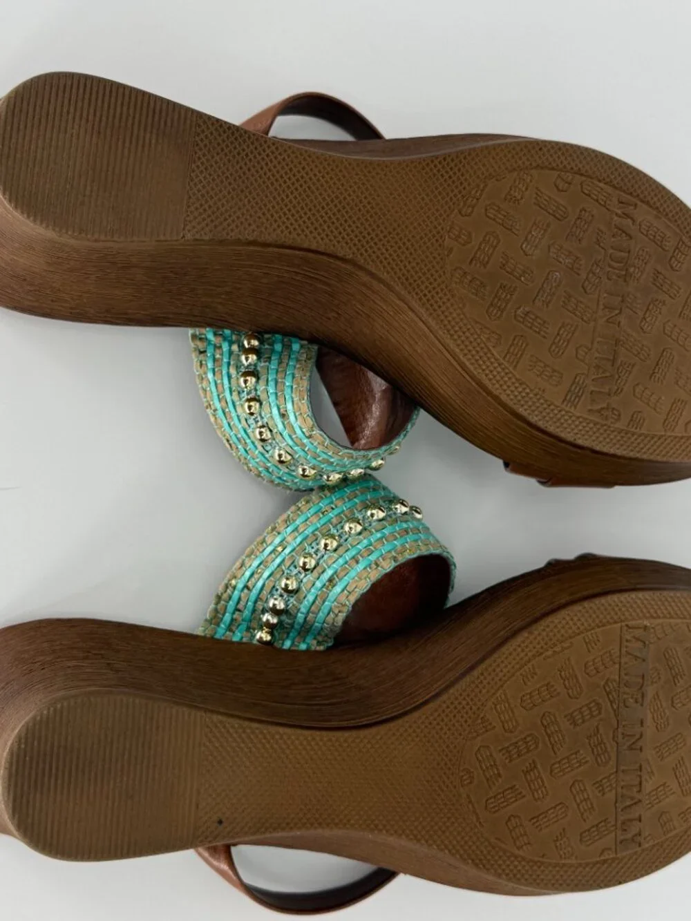 Toscanella Italian Leather Wedge Sandals - Teal Beaded Detail - Size 6 - Picture 6 of 6